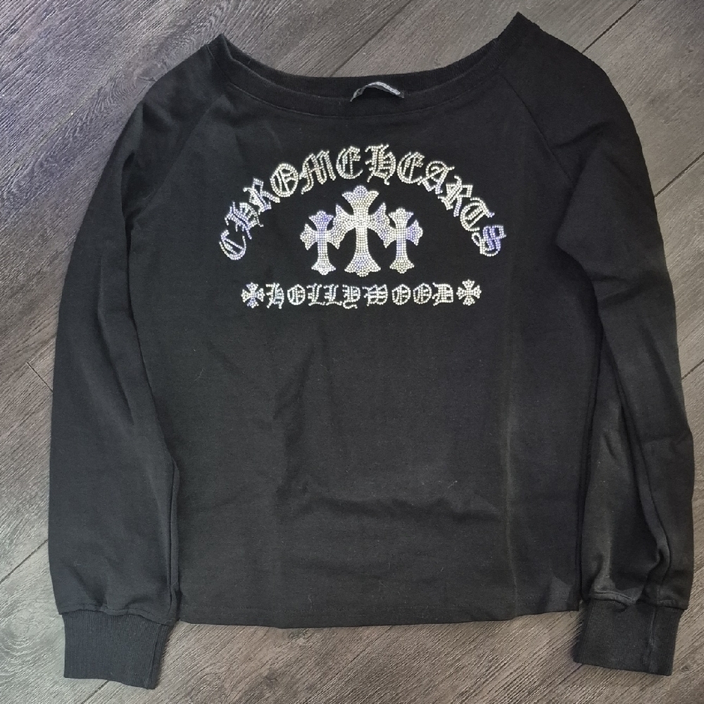 BLACK SWEATSHIRT WITH CHROME HEARTS EMBELLISHMENTS